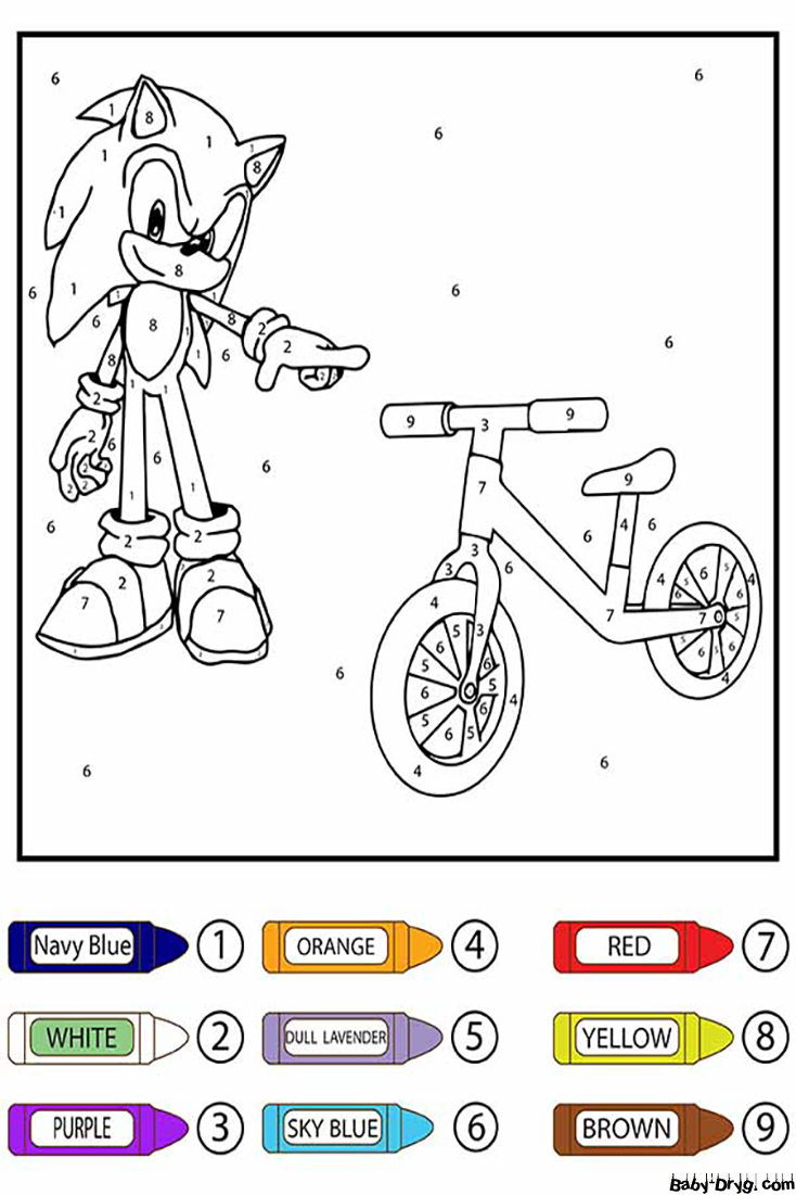 Раскраска Соник и велосипед | Раскраски по номерам