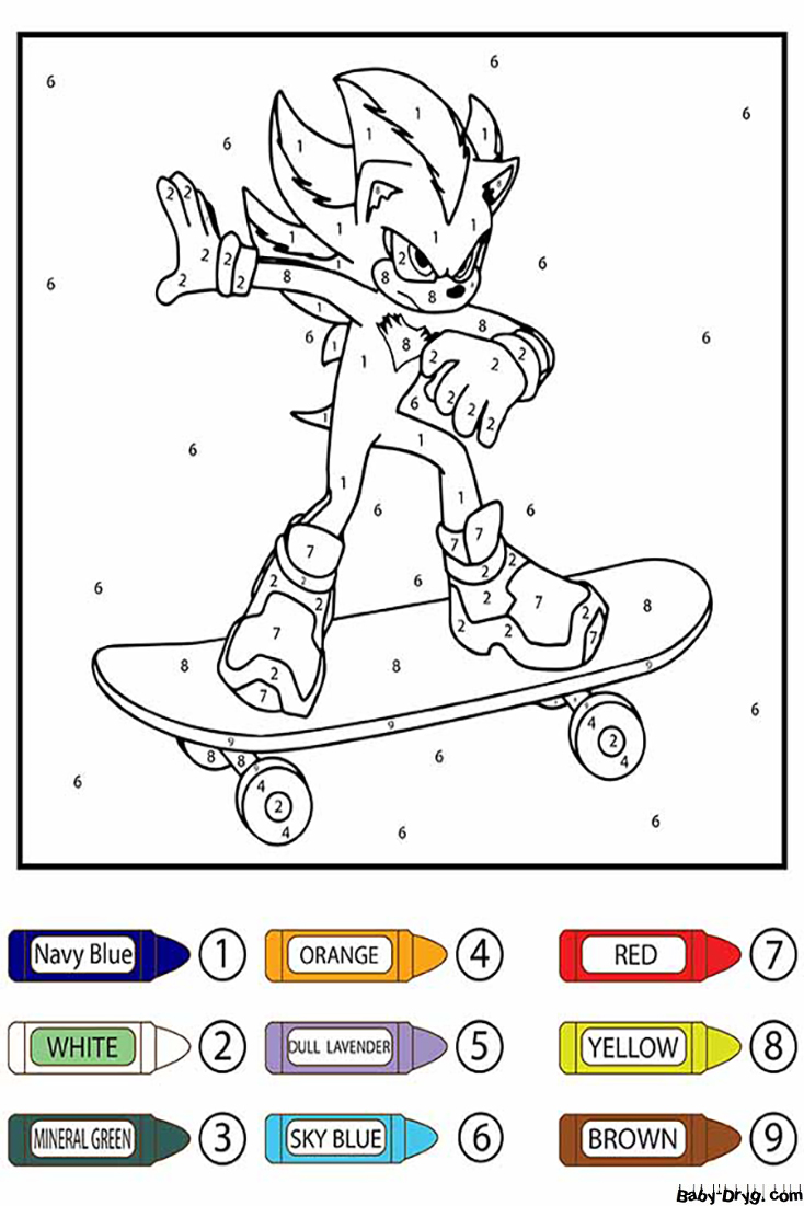 Раскраска Соник катается на скейтборде | Раскраски по номерам