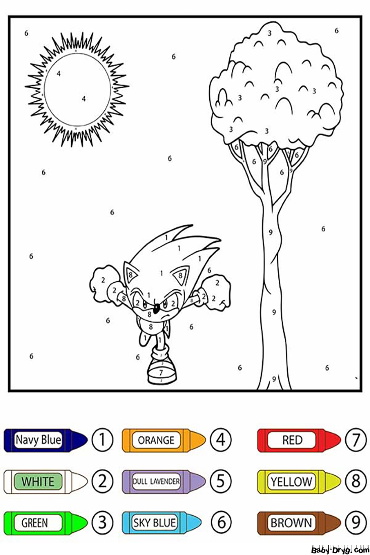Sonic Running, Sun, and Tree Color by Number | Color by Number Coloring Pages
