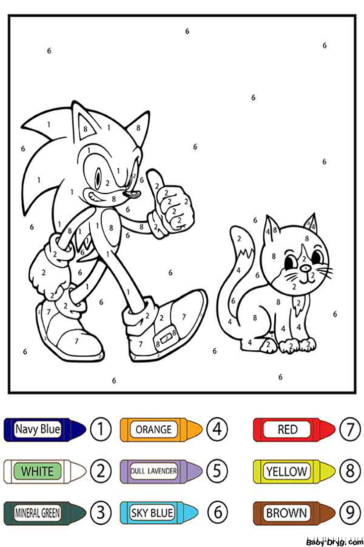Sonic Thumbs up and Adorable Cat Color by Number | Color by Number Coloring Pages