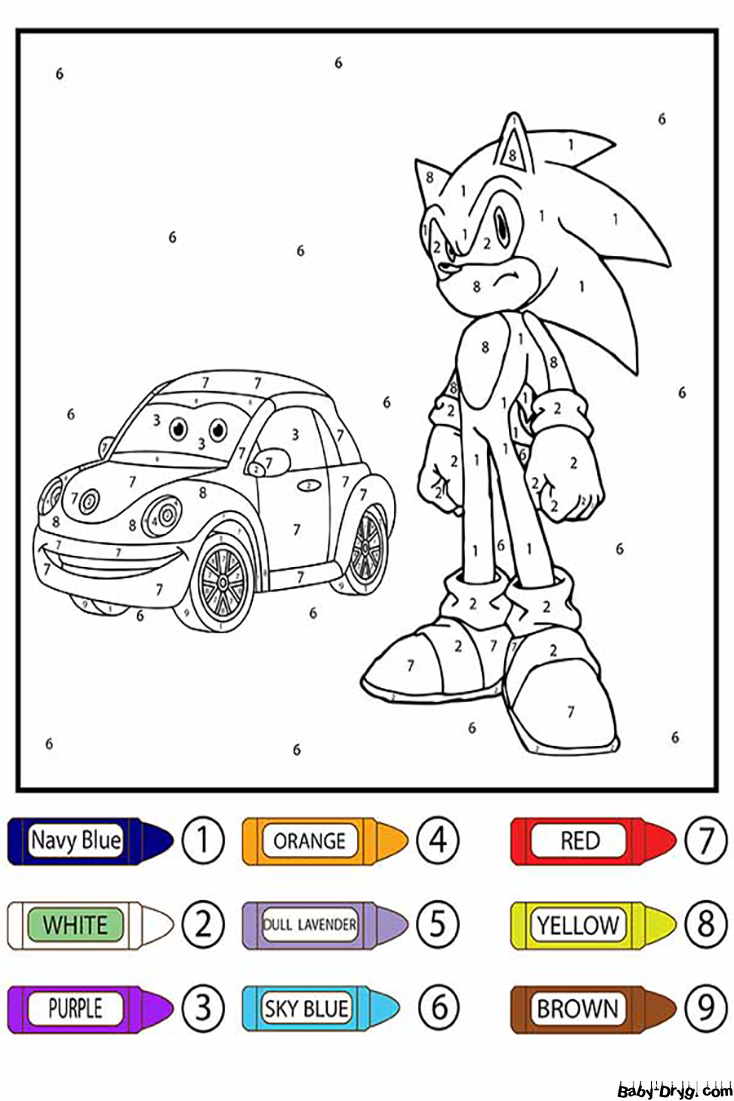 Sonic with Racing Car Color by Number | Color by Number Coloring Pages