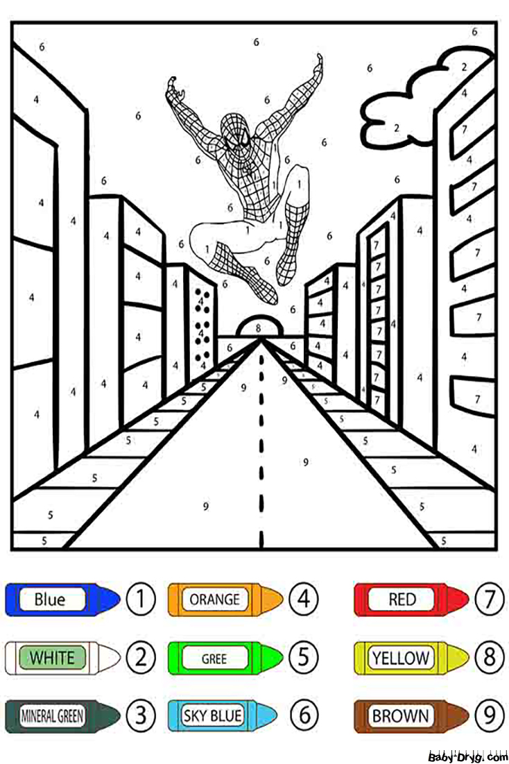 Spider Man Jumping on the Road Color by Number | Color by Number Coloring Pages
