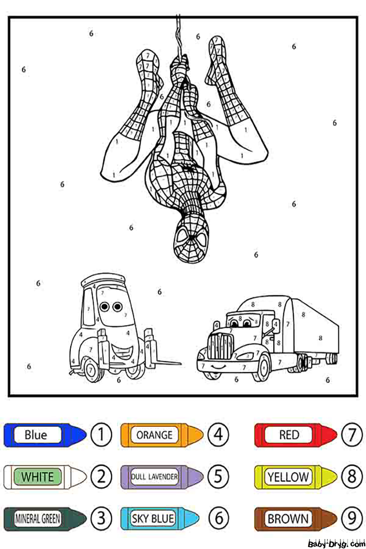 Spiderman Hanging upside down and Lego Vehicles Color by Number | Color by Number Coloring Pages