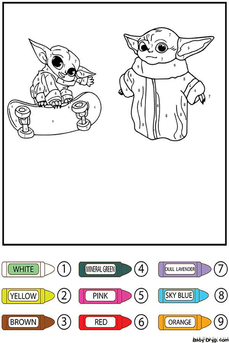Star Wars Baby Yoda Skating Color By Number | Color by Number Coloring Pages