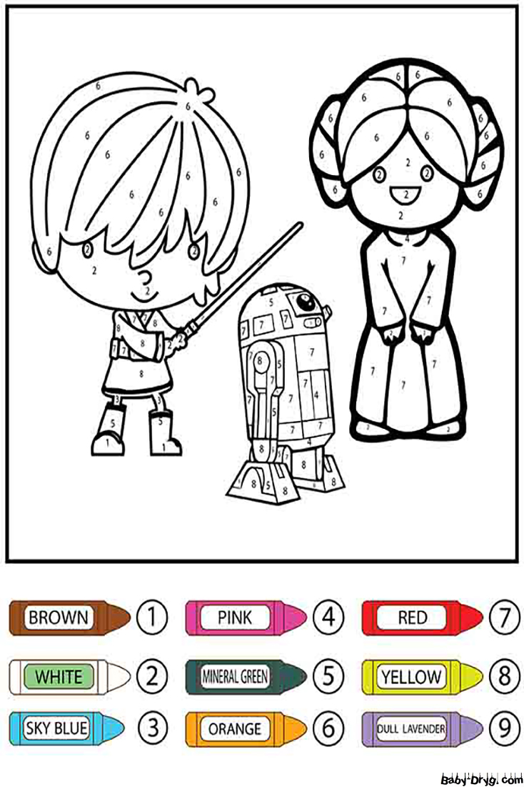 Star Wars Kids and R2 D2 Robot Color By Number | Color by Number Coloring Pages