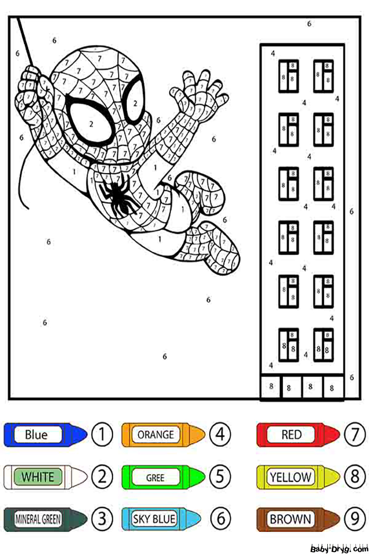 Swinging Cute Spider Man Color by Number | Color by Number Coloring Pages