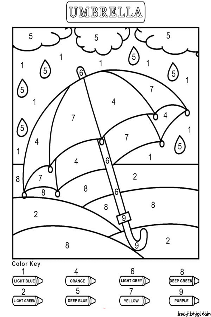 Umbrella for Kindergarten Color by Number | Color by Number Coloring Pages