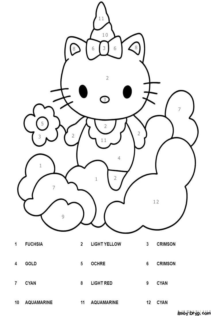 Unicorn Hello Kitty Color By Number | Color by Number Coloring Pages