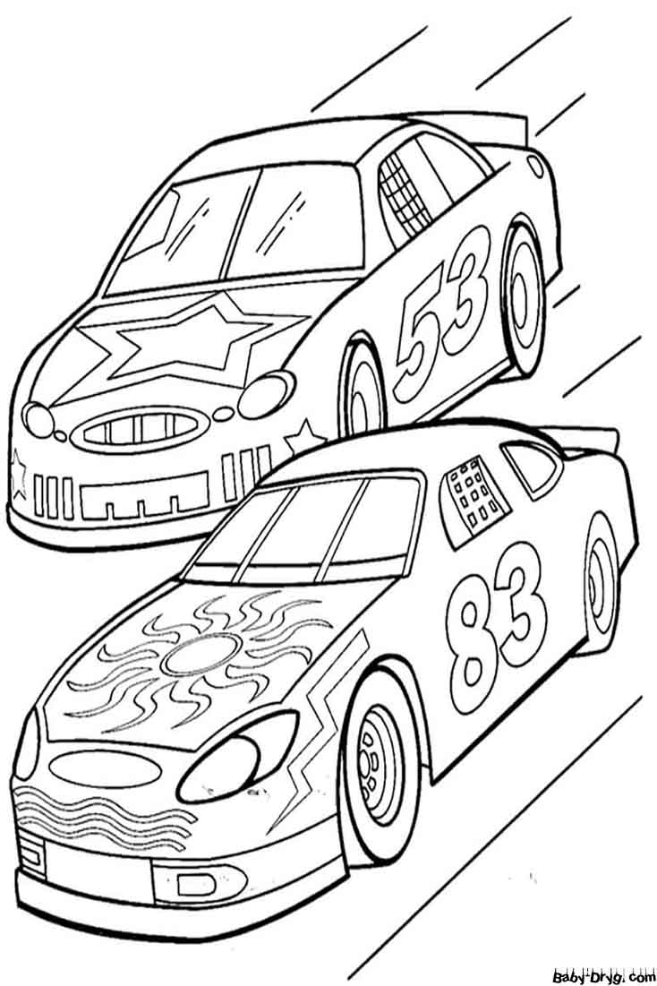 Раскраска Два гоночных автомобиля | Раскраски Гонки НАСКАР (NASCAR)