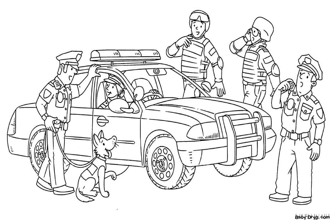 Раскраска Полицейская машина и работники | Раскраски Полицейские машины