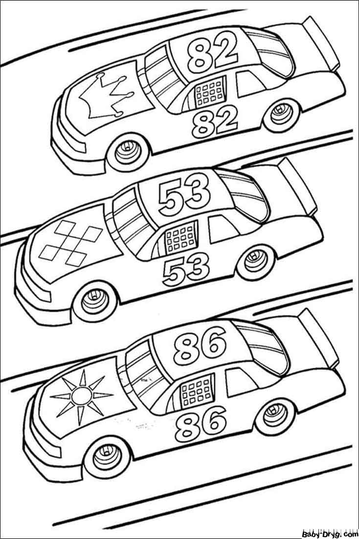 Раскраска Три гоночных автомобиля | Раскраски Гонки НАСКАР (NASCAR)