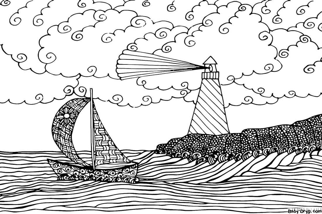 Sailboat and Lighthouse Coloring Page | Coloring Sailboats