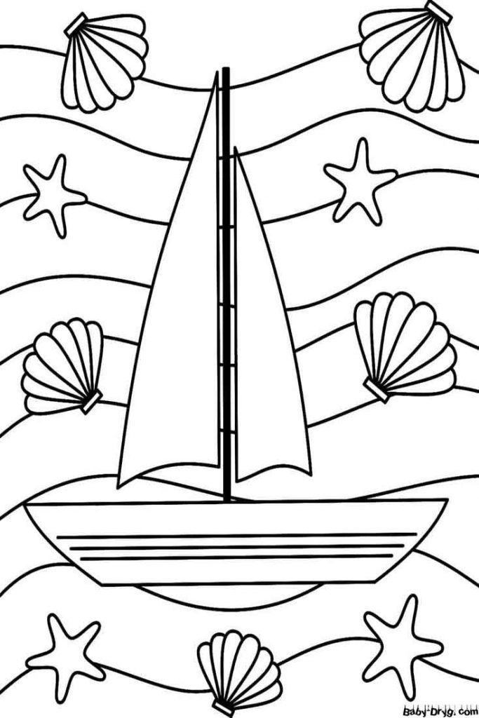 Sailboat and Shells Coloring Page | Coloring Sailboats