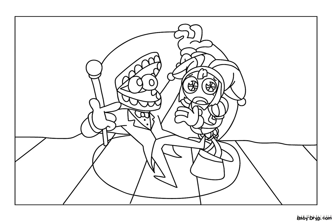 Caine and Pomni on stage Coloring Page | Coloring The Amazing Digital Circus