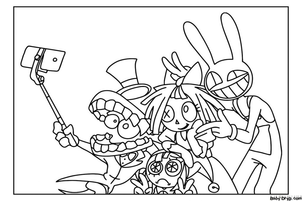 Caine taking selfies with friends Coloring Page | Coloring The Amazing Digital Circus