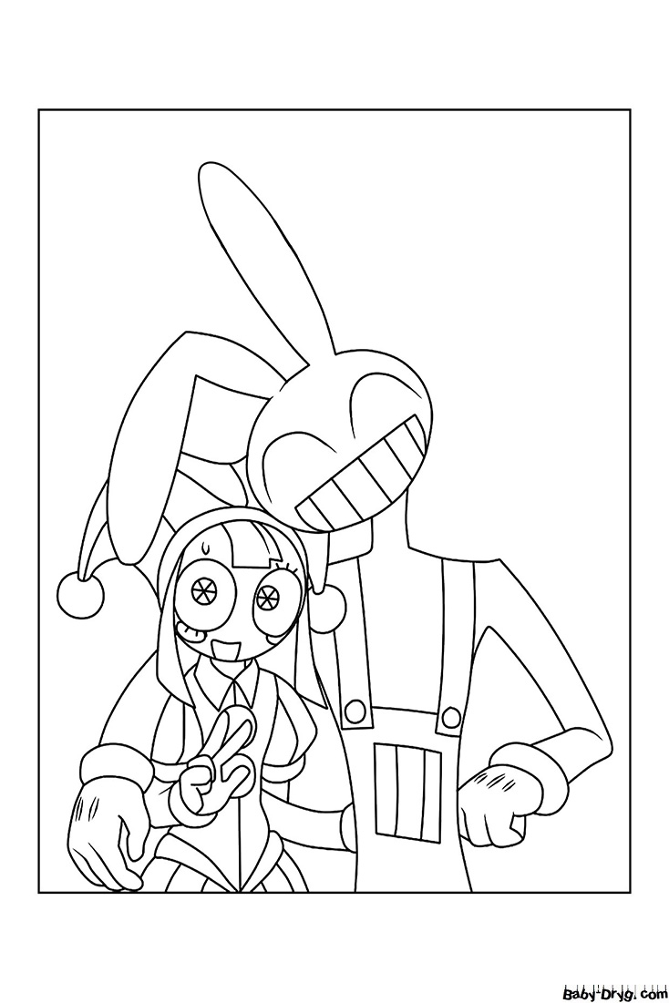 Pomni and Jax in a hug Coloring Page | Coloring The Amazing Digital Circus