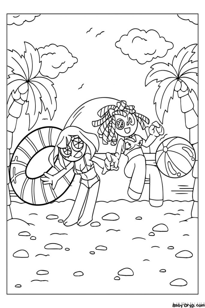 Remember and Ragata on the beach Coloring Page | Coloring The Amazing Digital Circus
