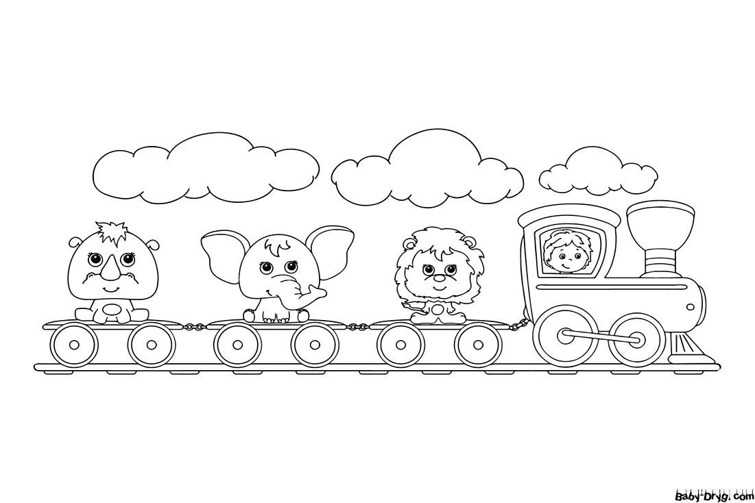 A steam train, a lion, an elephant and a rhinoceros Coloring Page | Coloring Trains / Steam locomotives / Electric trains