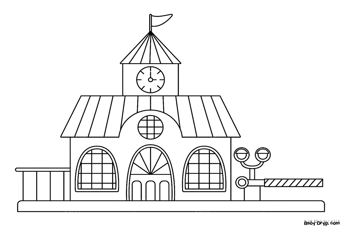 Railroad station with a barrier Coloring Page | Coloring Trains / Steam locomotives / Electric trains