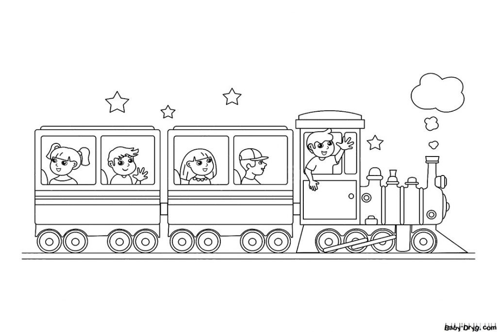 Раскраска Дети едут на паровозе | Раскраски Поезда / Паровозы / Электрички