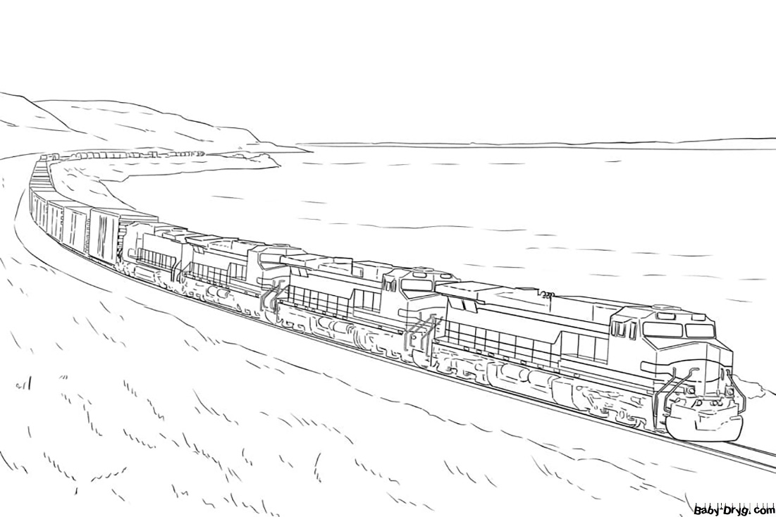 Раскраска Грузовой поезд с вагонами | Раскраски Поезда / Паровозы / Электрички