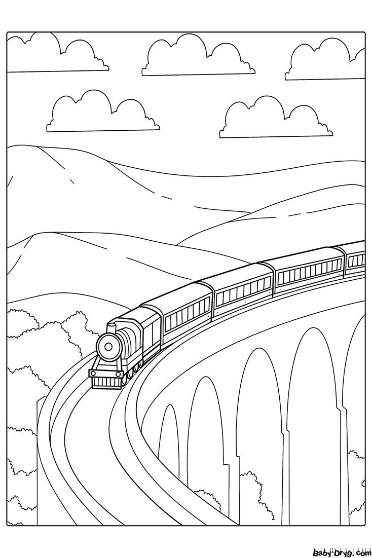 Раскраска Хогвартс-экспресс на мосту | Раскраски Поезда / Паровозы / Электрички