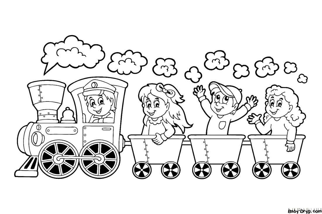 Раскраска Поезд с весёлыми детьми | Раскраски Поезда / Паровозы / Электрички