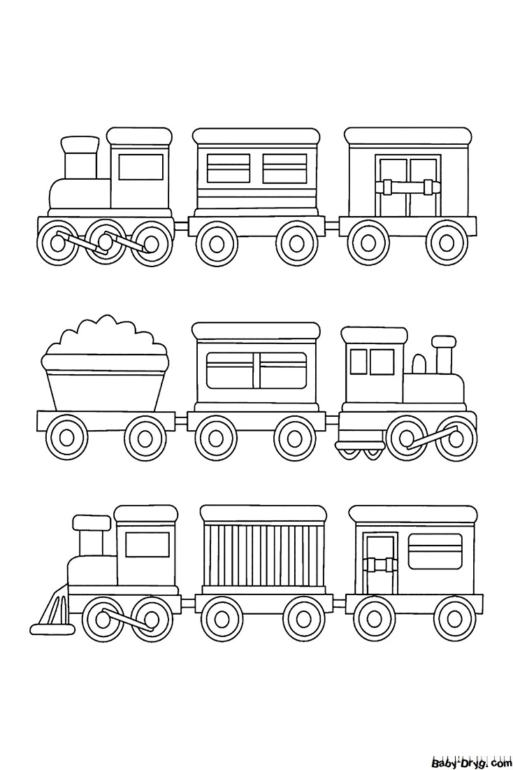 Раскраска Три разных паровозика | Раскраски Поезда / Паровозы / Электрички