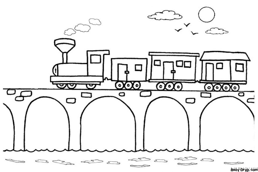 Simple Train on the bridge Coloring Page | Coloring Trains / Steam locomotives / Electric trains