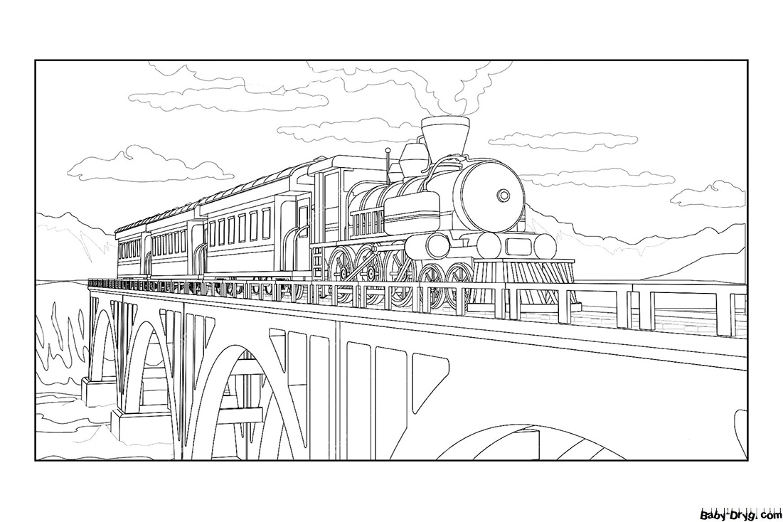 Steam locomotive on the bridge Coloring Page | Coloring Trains / Steam locomotives / Electric trains