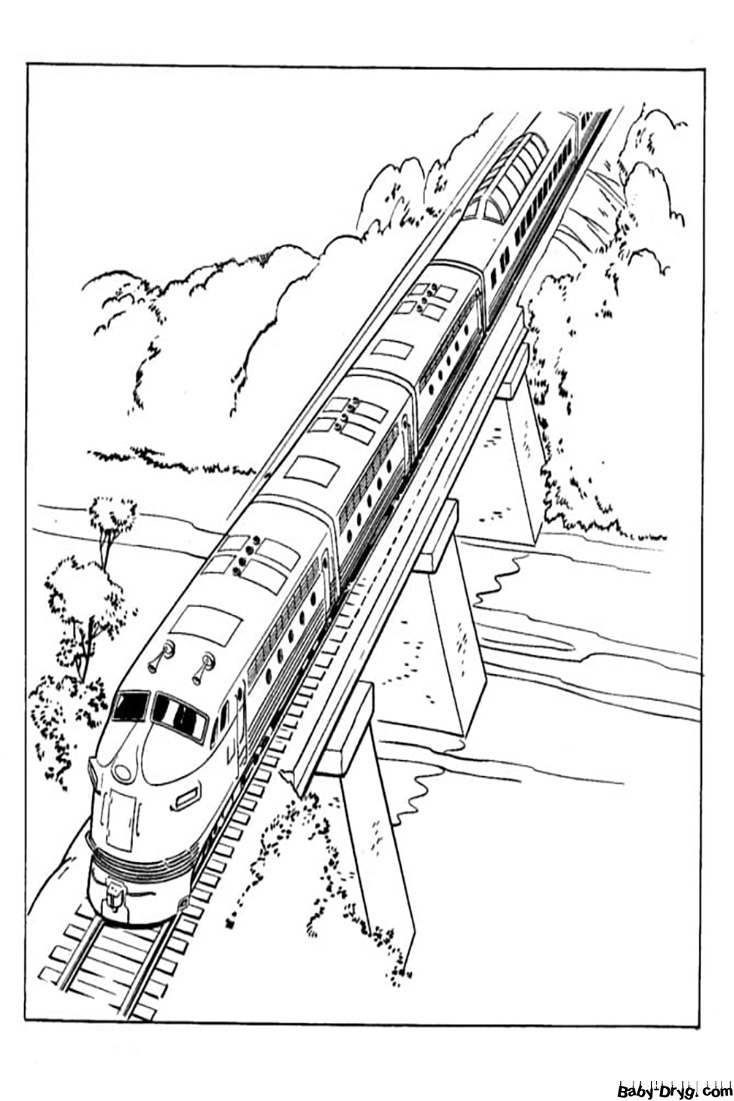 Train on the Bridge Coloring Page | Coloring Trains / Steam locomotives / Electric trains