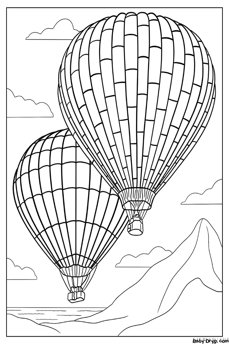 Two Hot Air Balloons Floating Over Mountain Coloring Page | Coloring Hot Air Balloons
