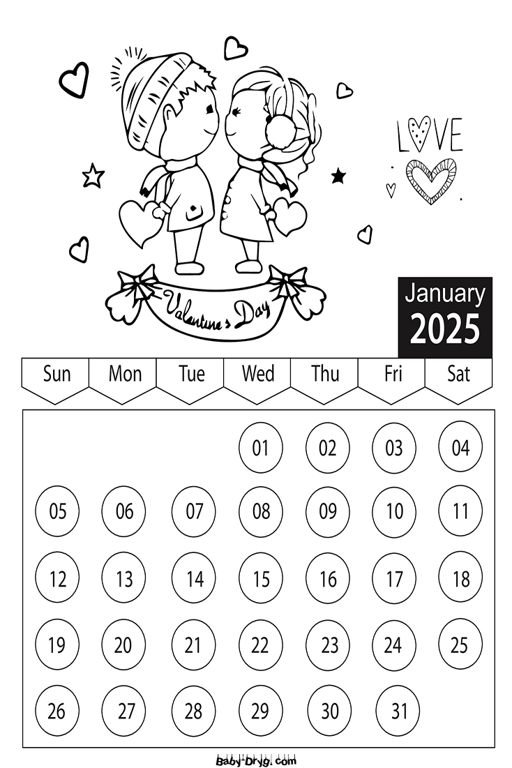 Coloring Page 2025 January Valentine's Day | Coloring Calendar 2025 year