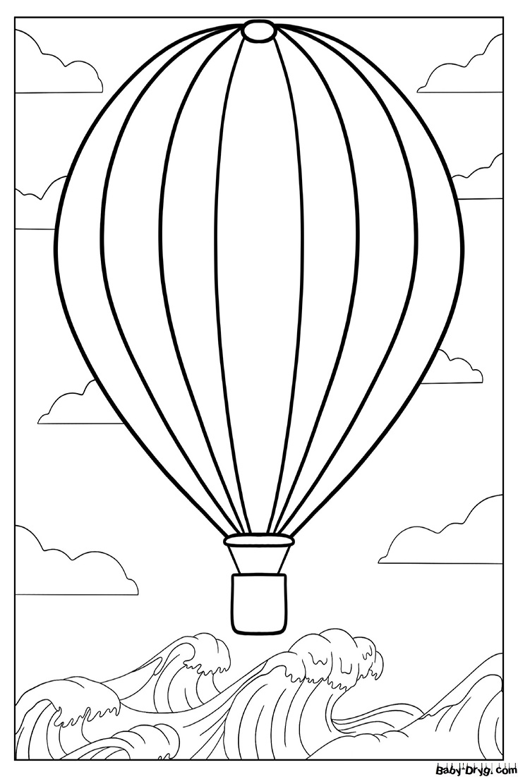 Hot Air Balloon Floating Above Waves Coloring Page | Coloring Hot Air Balloons