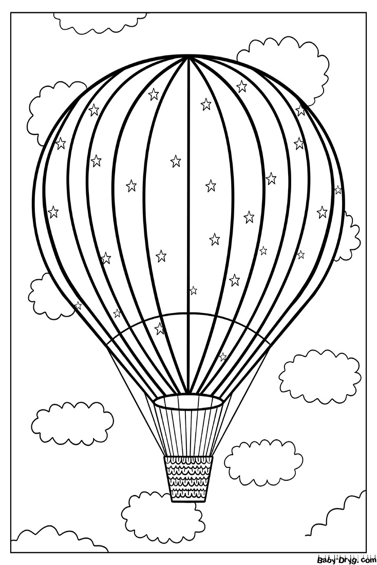 Hot Air Balloon Floating In Clouds With Stars Coloring Page | Coloring Hot Air Balloons