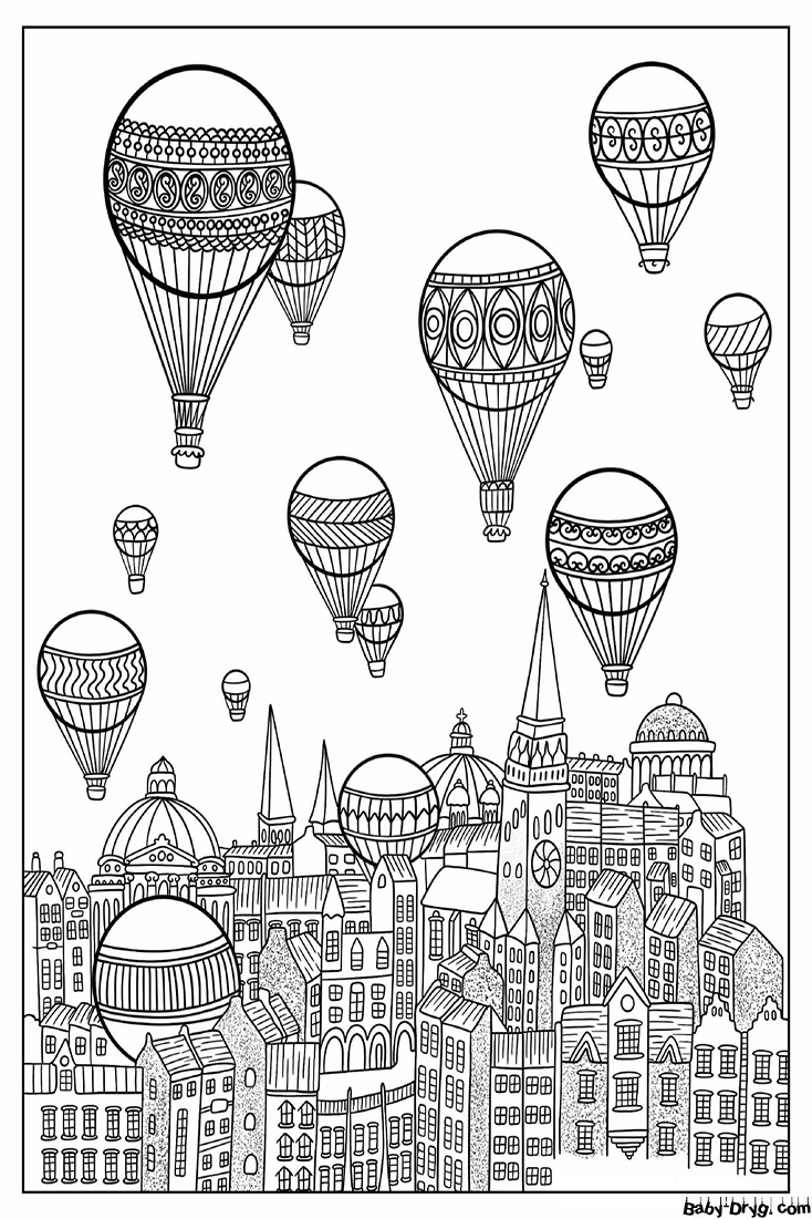 Hot Air Balloons Floating Over City Coloring Page | Coloring Hot Air Balloons
