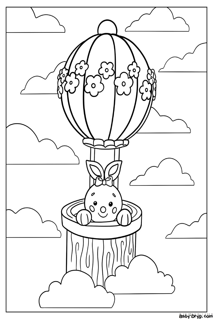 Kawaii Bunny In Hot Air Balloon Coloring Page | Coloring Hot Air Balloons