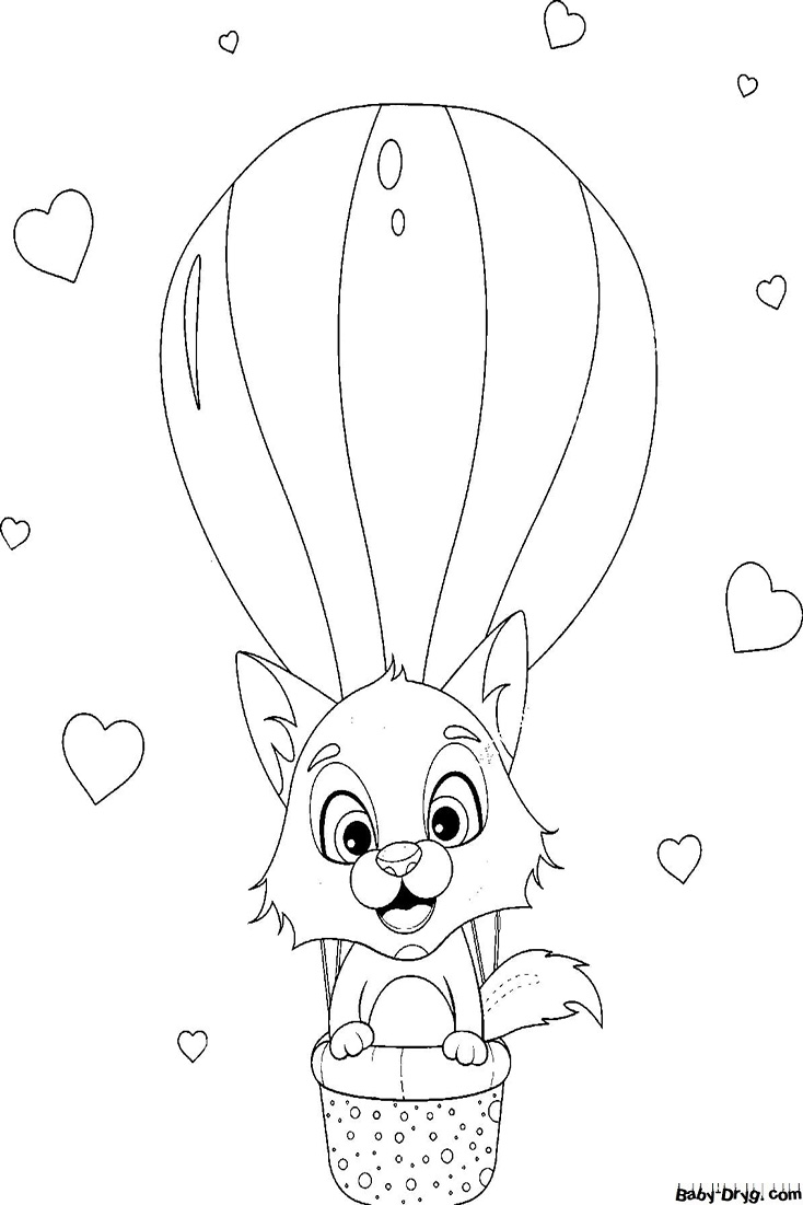 Kitten flying in a hot air balloon Coloring Page | Coloring Hot Air Balloons