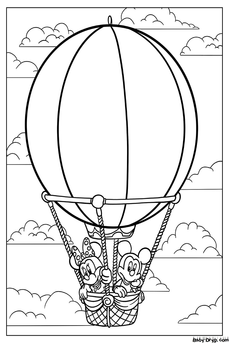 Minnie and Mickey in a hot air balloon Coloring Page | Coloring Hot Air Balloons