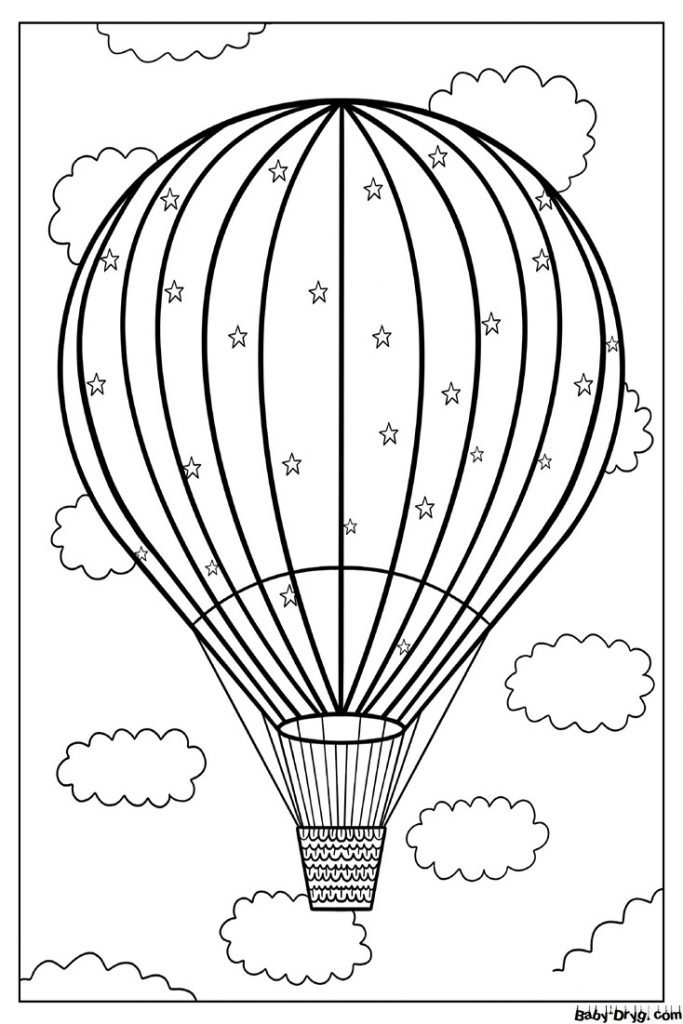 Раскраска Воздушный шар парящий в облаках со звездами | Раскраски Воздушные шары