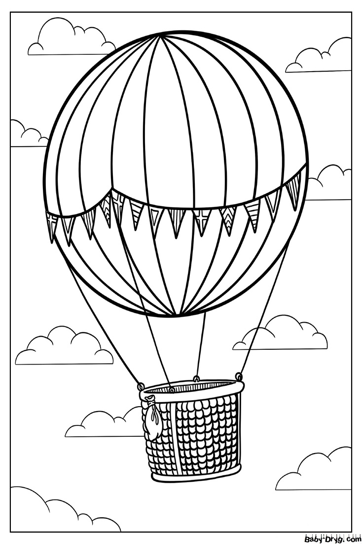 Sphere Shaped Hot Air Balloon With Basket Coloring Page | Coloring Hot Air Balloons