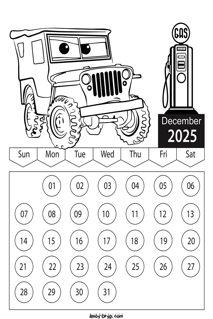 2025 December Cars Coloring Page | Coloring Calendar 2025 year