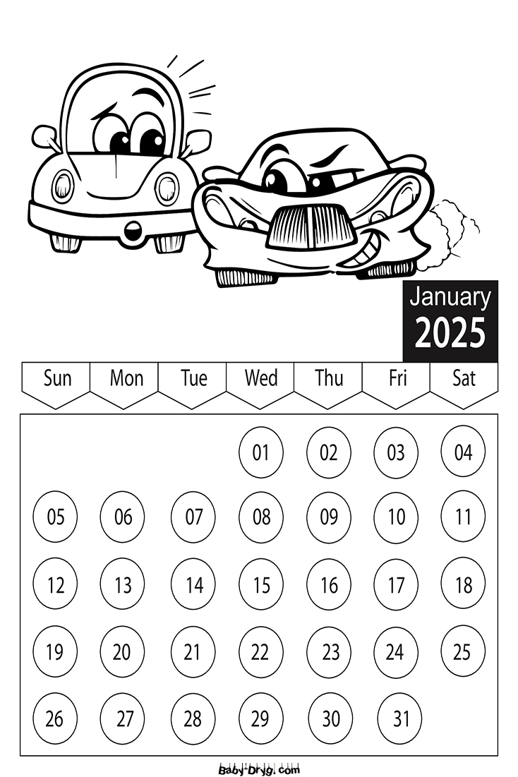 2025 January Cars Coloring Page | Coloring Calendar 2025 year