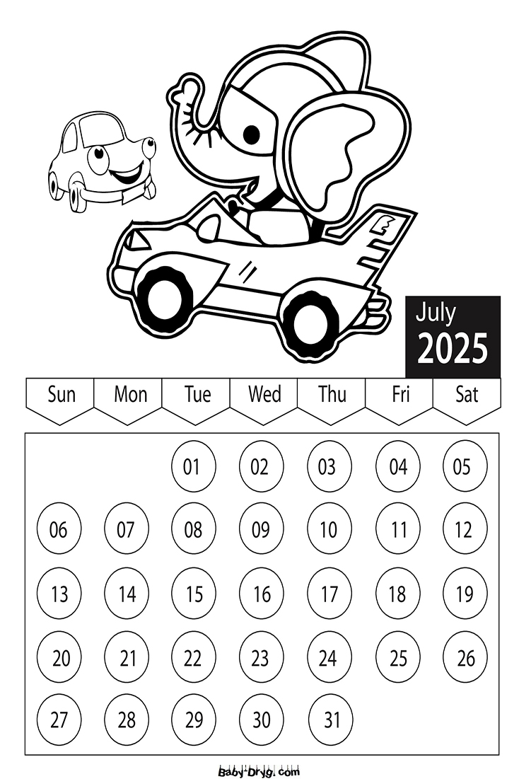 2025 July Cars Coloring Page | Coloring Calendar 2025 year