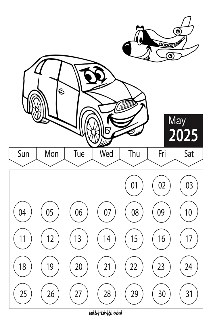 2025 May Cars Coloring Page | Coloring Calendar 2025 year