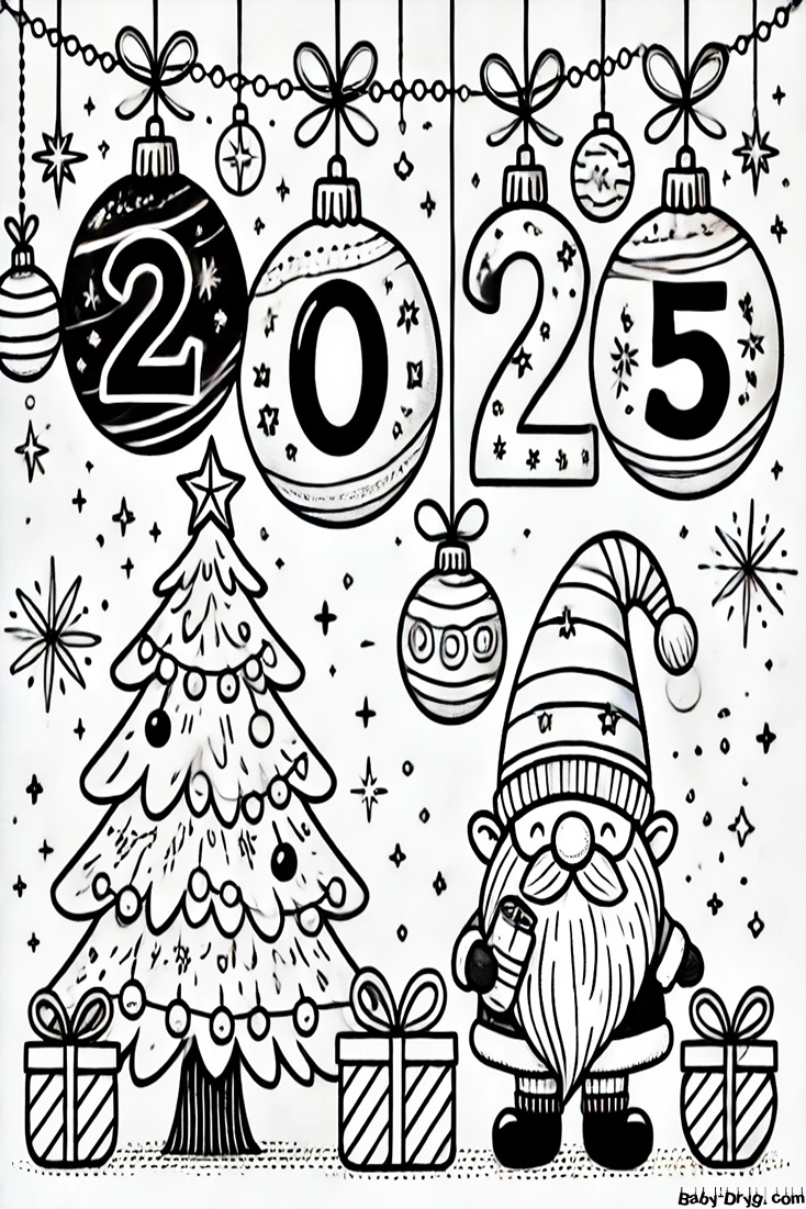 2025 New Year's Eve gnome and Christmas tree Coloring Page | Coloring Year Snake 2025