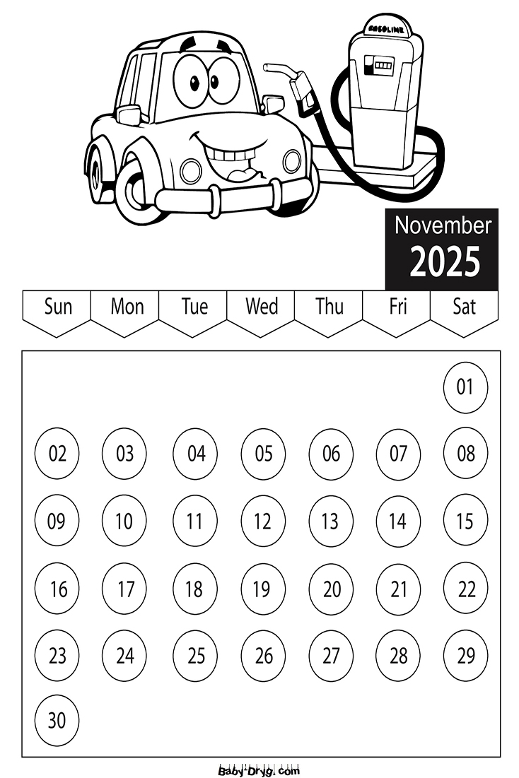 2025 November Cars Coloring Page | Coloring Calendar 2025 year