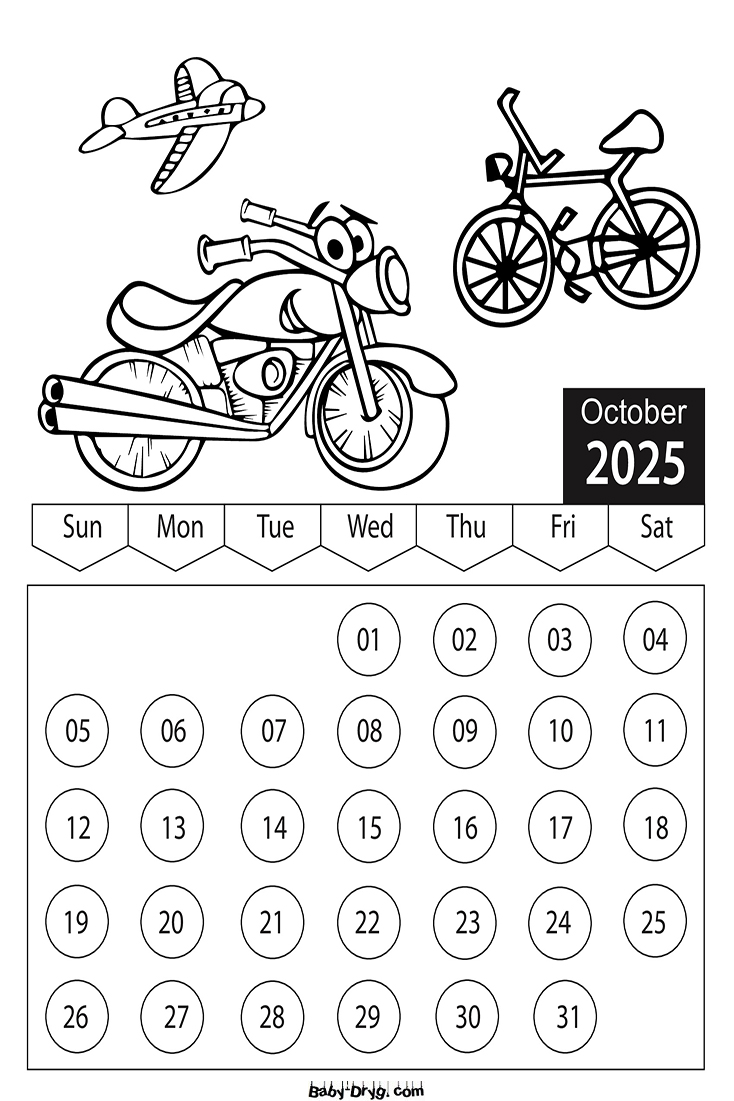 2025 October Cars Coloring Page | Coloring Calendar 2025 year