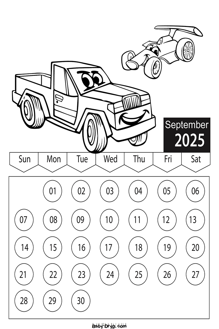 2025 September Cars Coloring Page | Coloring Calendar 2025 year