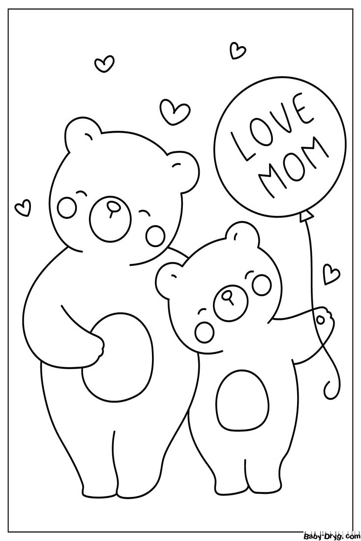 Bear Mother And Son With Balloon Coloring Page | Coloring Mother's Day
